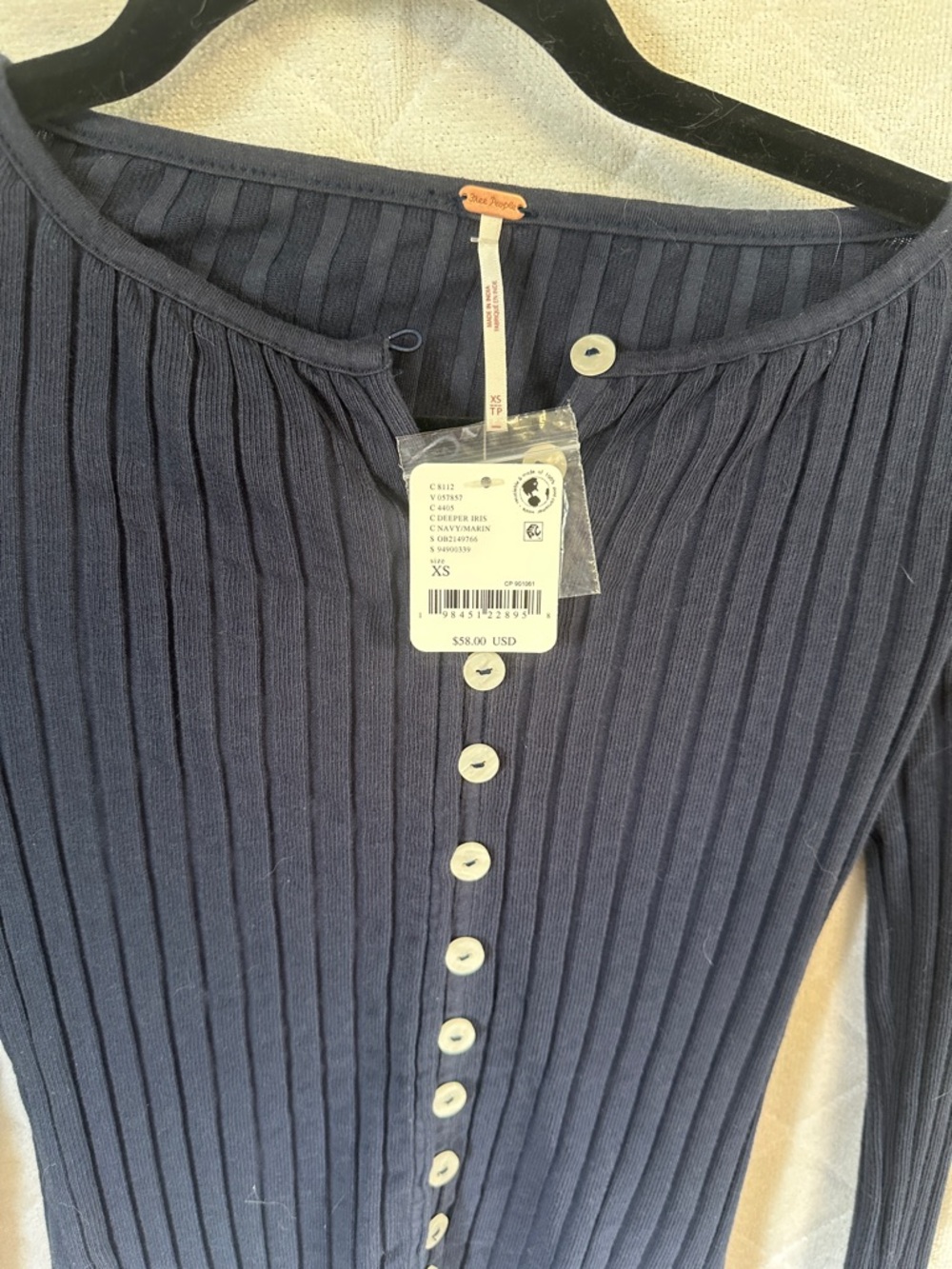 Free People Navy Ribbed Button-Up Long Sleeve Top